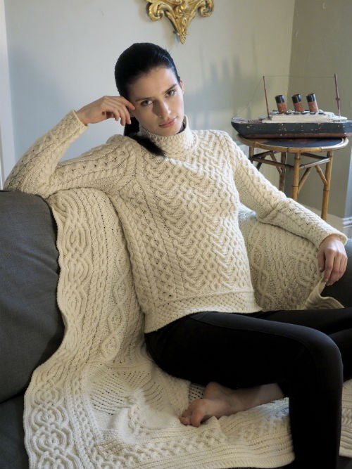 Grey Aran Cable Fisherman Knit Sweater in Super Soft Merino Wool.