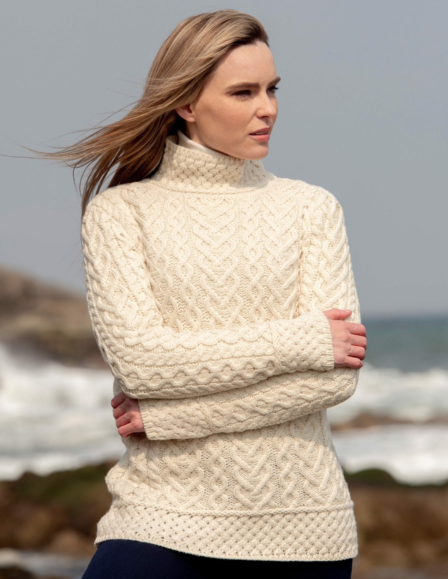 Grey Aran Cable Fisherman Knit Sweater in Super Soft Merino Wool.