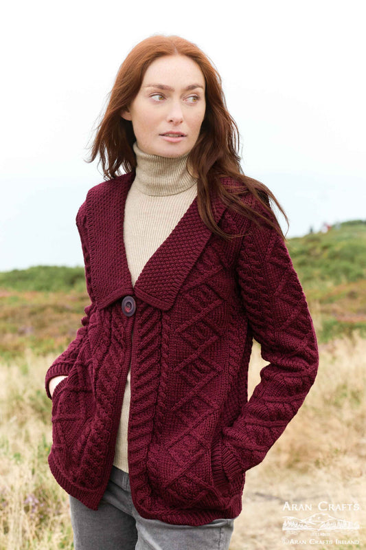 Aran Burgundy One Button Cardigan