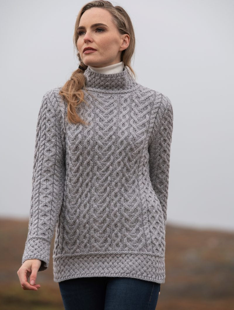 Grey Aran Cable Fisherman Knit Sweater in Super Soft Merino Wool.