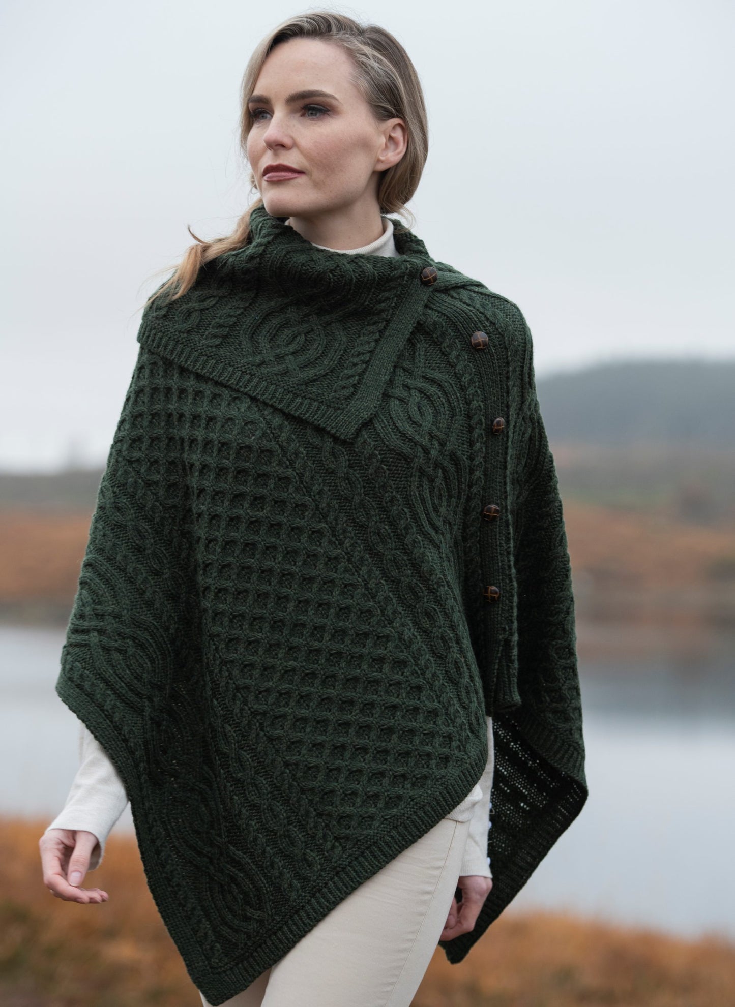 Cowl Neck Cape/Poncho in an Aran Cable stitch pattern.